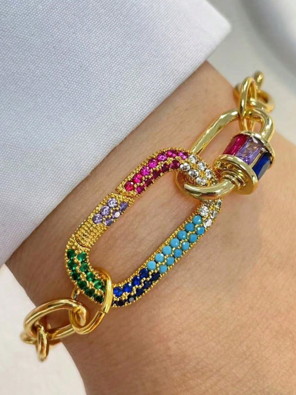 Gold Tone Stainless Steel Colorful Rhinestone Chain Bracelet